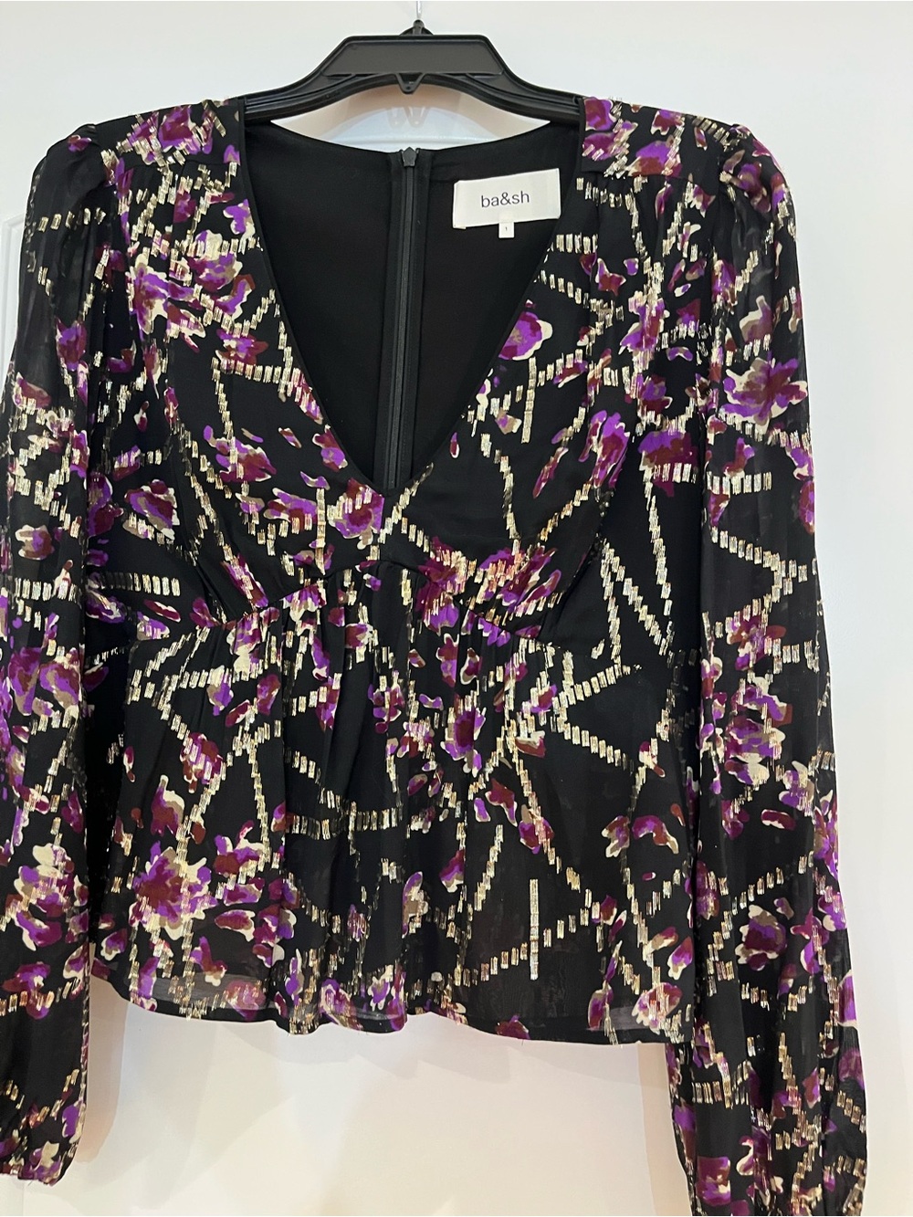 ba&sh Black V-Neck Long Sleeve Floral Print Blouse with Metallic Accents